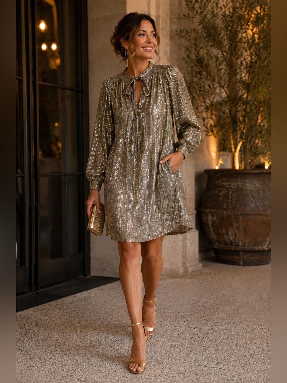 Sabina Musayev Eugene Metallic Tie Neck Shift Dress Anthropologie Gold | XL